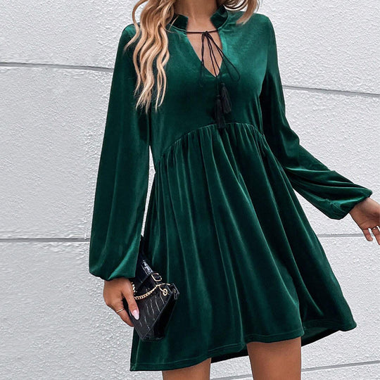 Damen samtiges Babydoll-Minikleid mit Empire-Taille Quastenbindung und langen Glockenärmeln Shop Nory