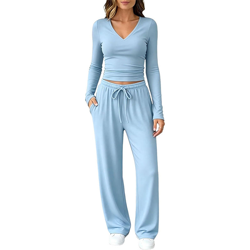 Damen Zweiteiliges Lounge-Set mit tailliertem V-Ausschnitt Crop-Top und weiten Tunnelzug-Hosen Shop Nory