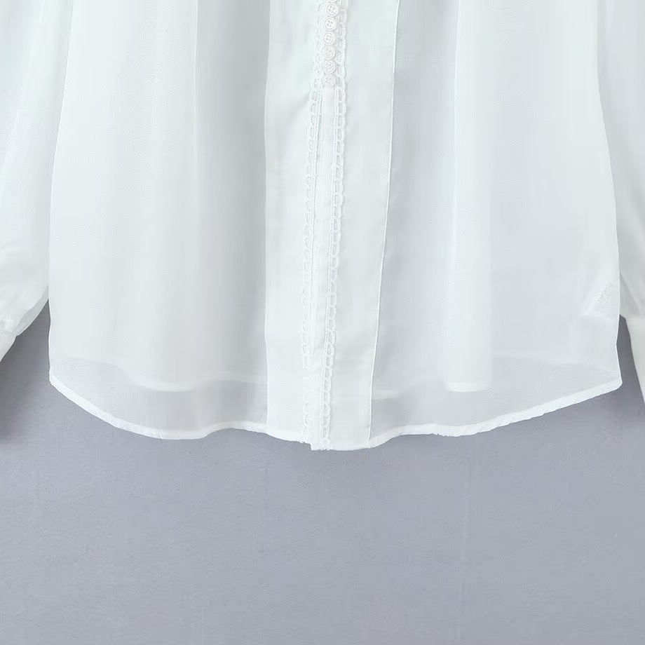 Damen elegante Chiffonbluse mit raffinierten Puffärmeln und edlem Kragen