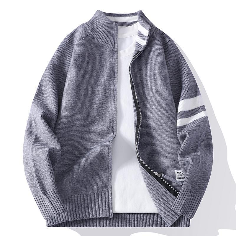 Herren gestrickte Zip-Cardigan im College-Stil mit gestreiftem Ärmelband und geripptem Stehkragen Shop Nory