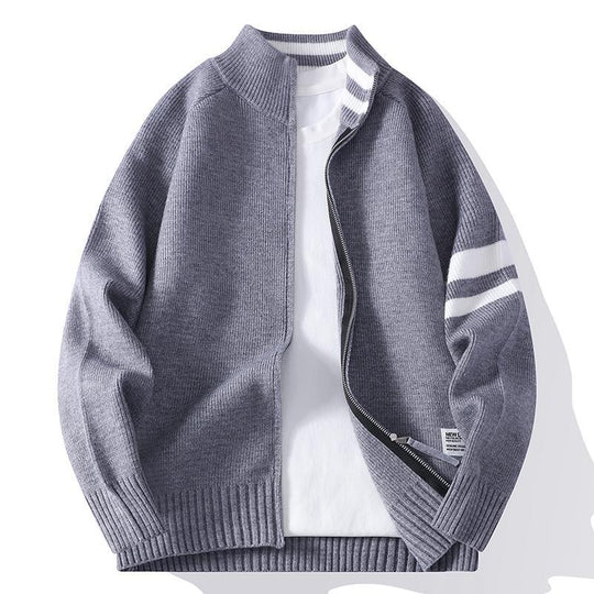 Herren gestrickte Zip-Cardigan im College-Stil mit gestreiftem Ärmelband und geripptem Stehkragen Shop Nory