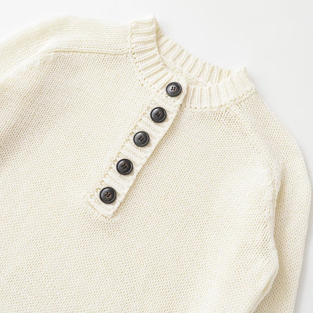 Damen Grobstrick Henley-Pullover mit Holzknöpfen und Rippbündchen Shop Nory