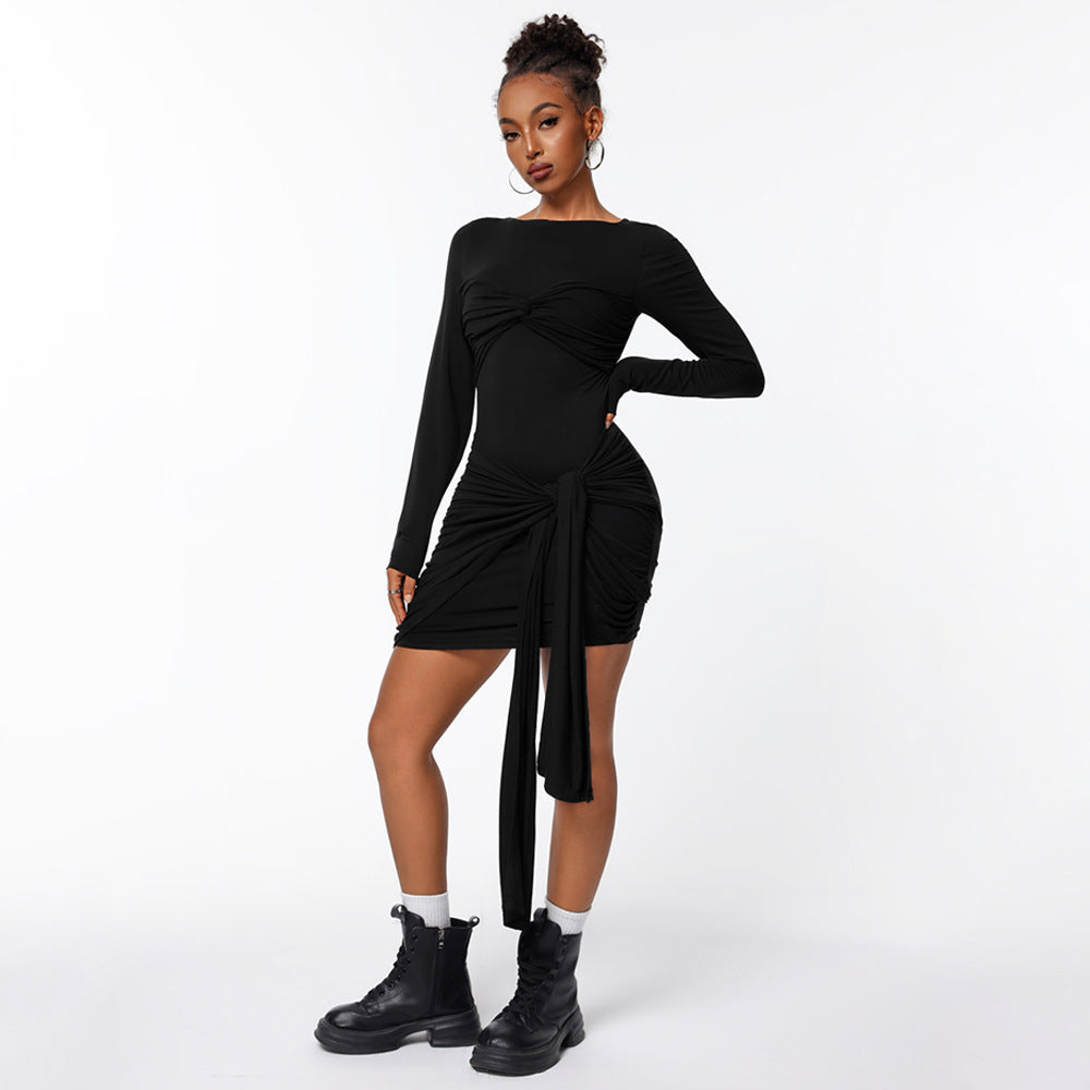 Damen figurbetontes Minikleid mit asymmetrischer Knotendrapierung, taillierter Raffung und langem Ärmelschal Shop Nory