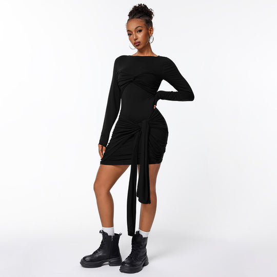 Damen figurbetontes Minikleid mit asymmetrischer Knotendrapierung, taillierter Raffung und langem Ärmelschal Shop Nory