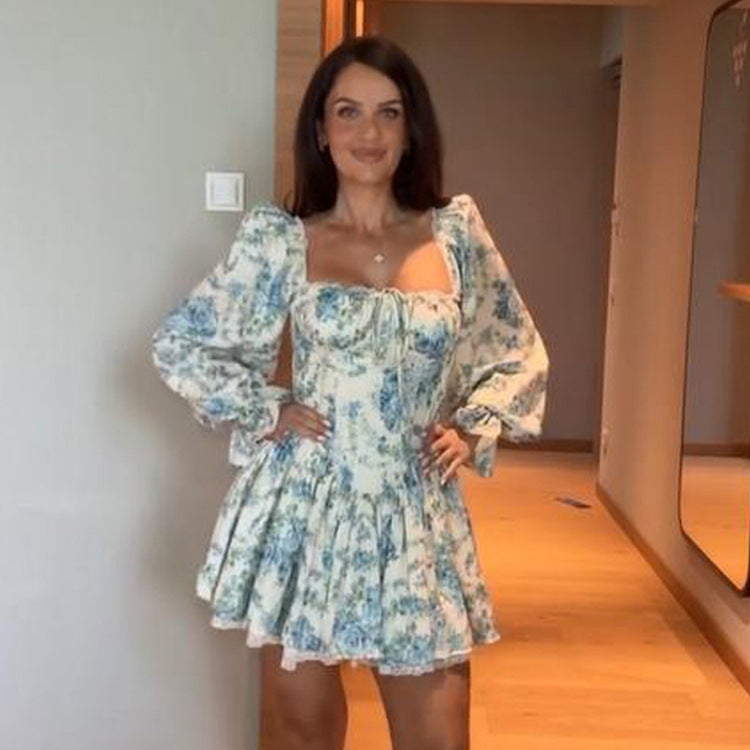 Damen Korsagen-Minikleid mit Puffärmeln, quadratischem Ausschnitt und stufigem Volantrock Shop Nory