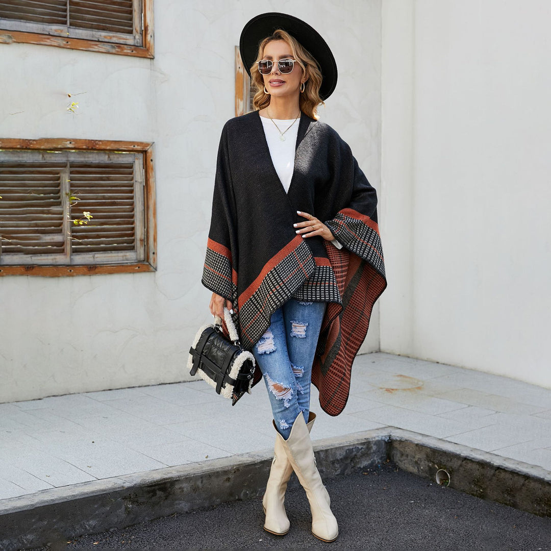 Damen Wollmix-Poncho im asymmetrischen Zipfelschnitt mit eingewebter Karobordüre Shop Nory