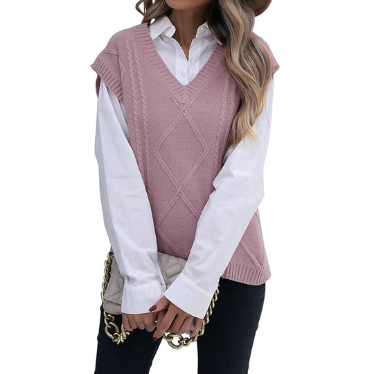 Damen Strickweste mit V-Ausschnitt, Rautenmuster und kastiger Oversize-Silhouette Shop Nory