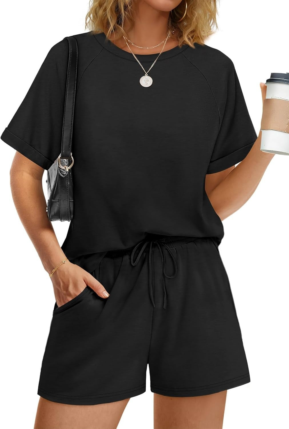 Damen lässiger Kombi aus T-Shirt und Shorts mit elastischem Bund