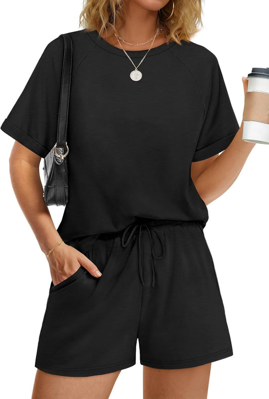 Damen lässiger Kombi aus T-Shirt und Shorts mit elastischem Bund