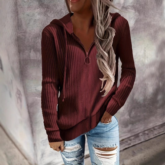 Damen Lässiger Rippstrick-Hoodie mit halbhohem Reißverschluss und Ringzipper Shop Nory