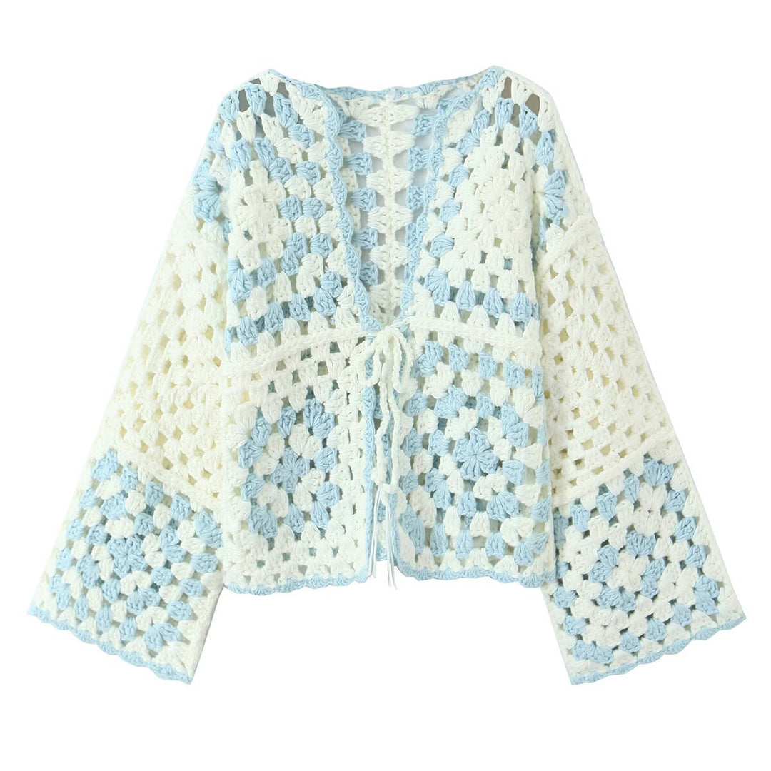 Damen Gehäkelte Granny‑Square Cardigan mit weitem Ärmel und Bindegürtel Shop Nory