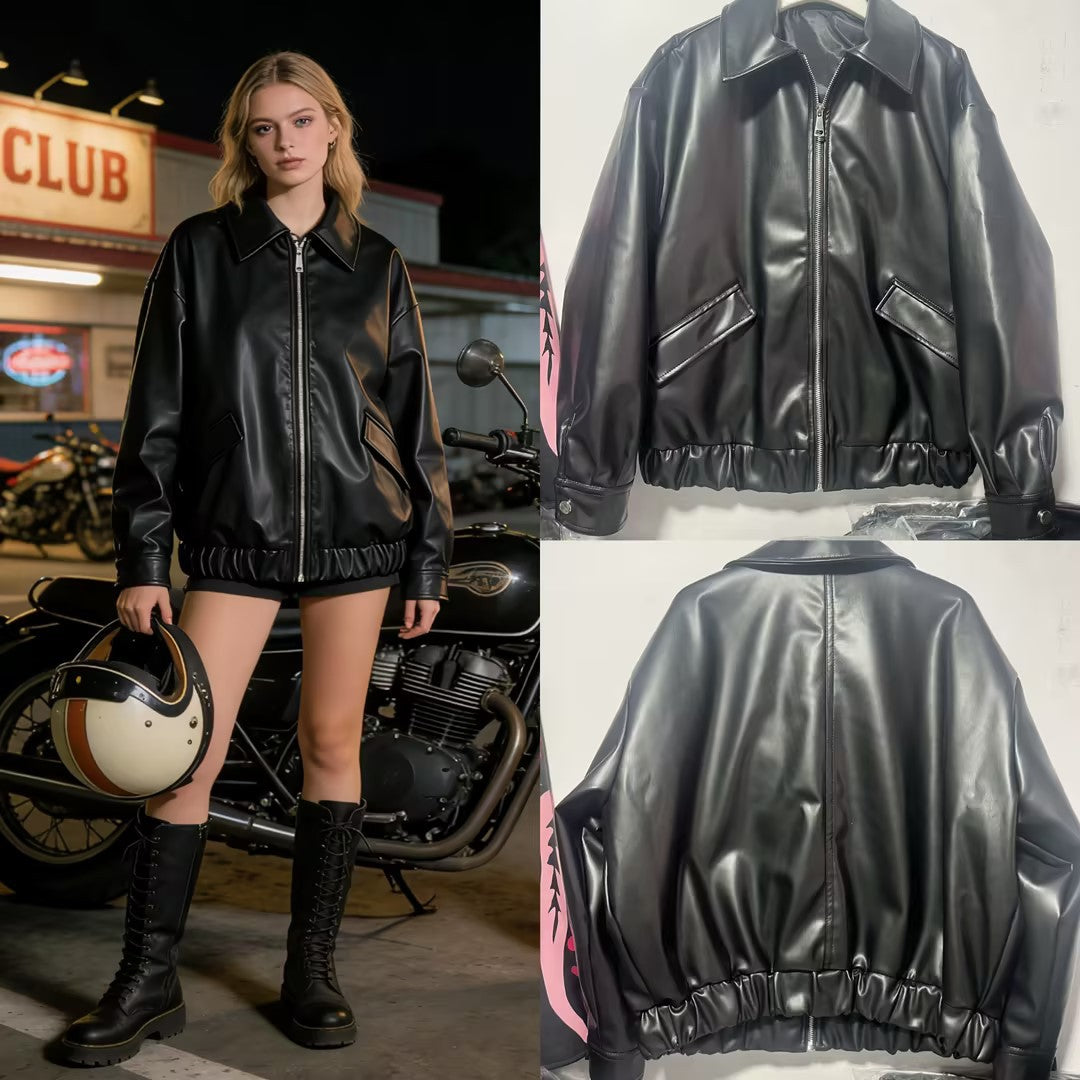 Damen Oversized Kunstleder-Bomberjacke mit Reißverschluss, Pattentaschen und elastischem Saum Shop Nory
