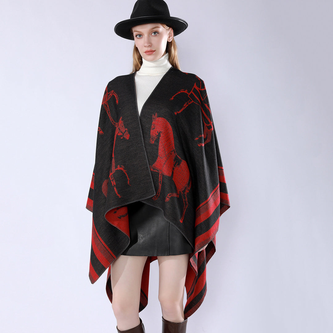 Damen Jacquard-Poncho-Überwurf mit Pferde-Motiv und kastiger Kimono-Silhouette Shop Nory