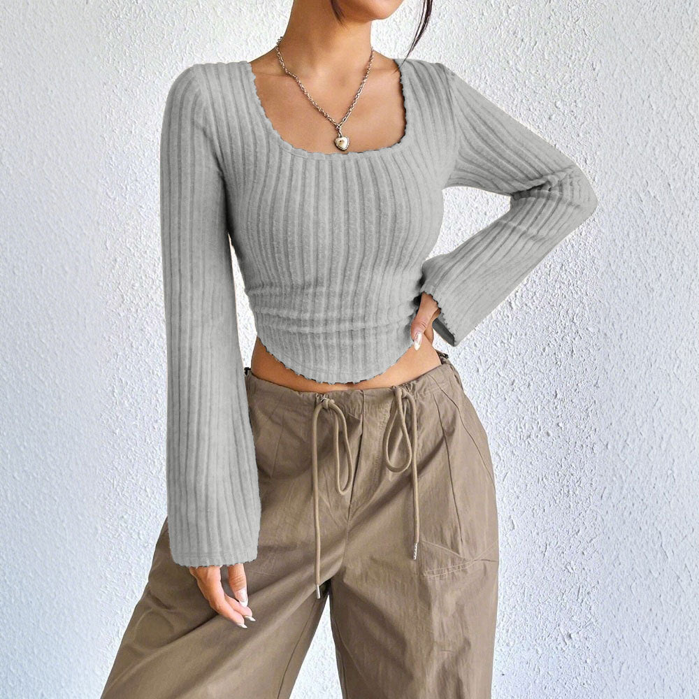 Damen geripptes Crop-Top mit quadratischem Ausschnitt, gewelltem Saum und ausgestellten Ärmeln Shop Nory