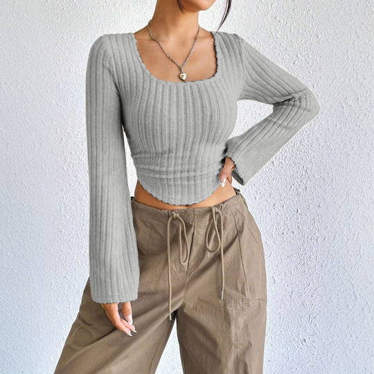 Damen geripptes Crop-Top mit quadratischem Ausschnitt, gewelltem Saum und ausgestellten Ärmeln Shop Nory