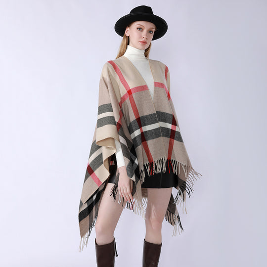 Damen Oversize-Poncho im Kaschmir‑Touch mit V‑Ausschnitt und Fransensaum Shop Nory