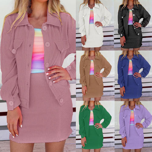 Damen Zweiteiliges geripptes Hemdjacken- und Minirock-Set mit Oversize-Silhouette Shop Nory