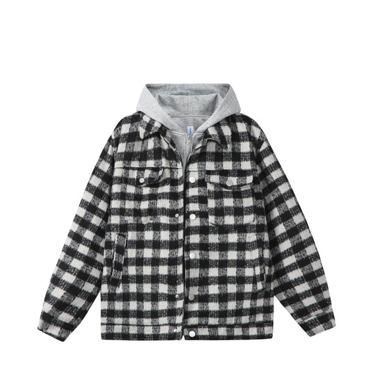 Damen Kurzblouson im Shacket‑Stil mit Karo‑Wolloptik und integrierter Sweatkapuze Shop Nory