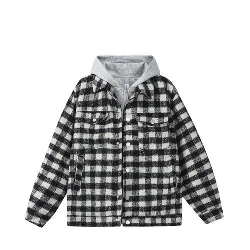 Damen Kurzblouson im Shacket‑Stil mit Karo‑Wolloptik und integrierter Sweatkapuze Shop Nory