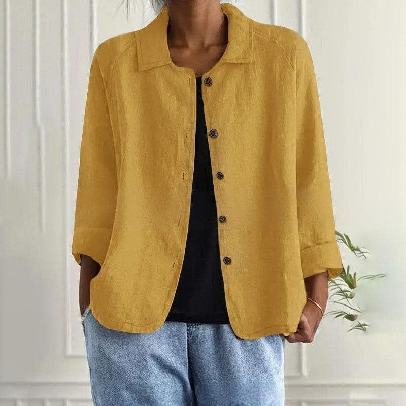Damen Oversized Leinen-Hemdjacke mit Hemdkragen, 3/4-Ärmeln und durchgehender Knopfleiste Shop Nory