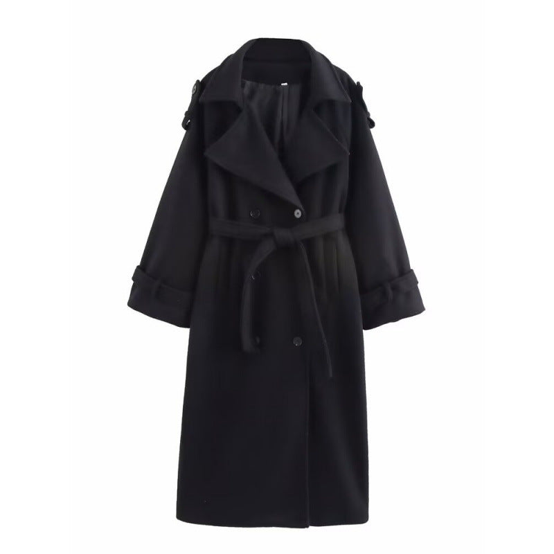 Damen langer doppeltreihiger Wollmix-Trenchcoat mit Gürtel und breitem Revers Shop Nory