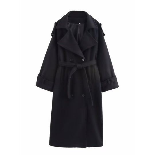 Damen langer doppeltreihiger Wollmix-Trenchcoat mit Gürtel und breitem Revers Shop Nory