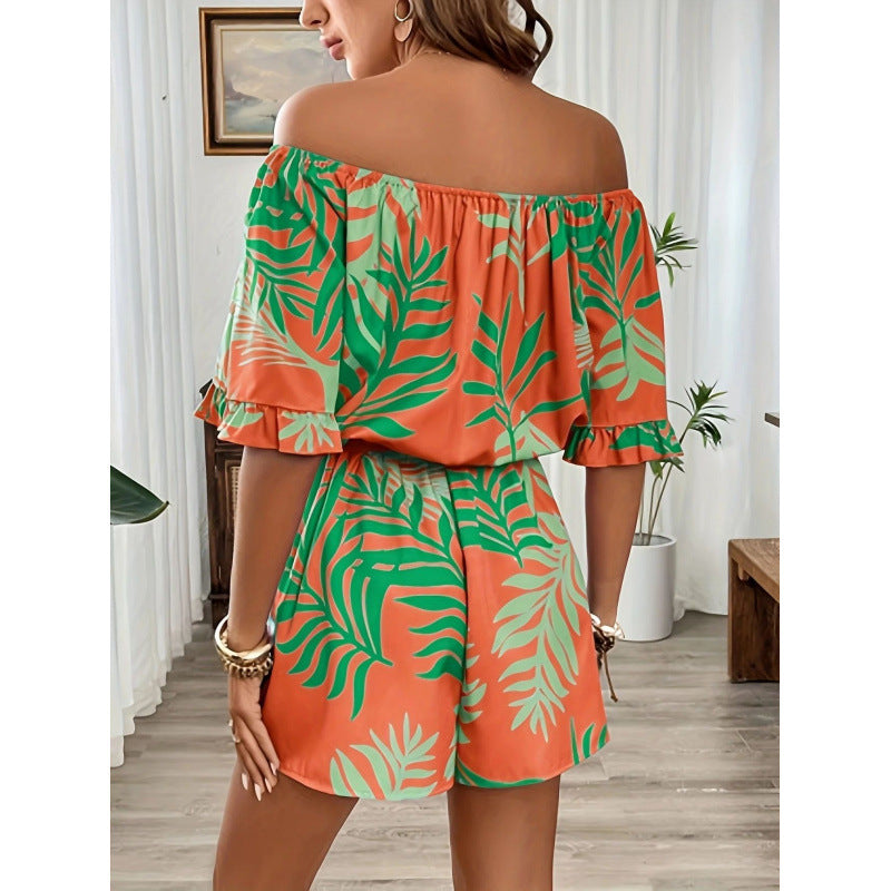 Damen Off-Shoulder Jumpsuit mit floralem Design und elastischem Bund