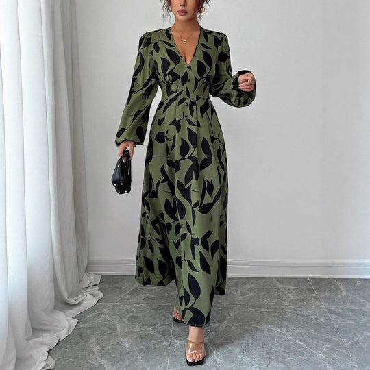 Damen Maxikleid mit taillierter Knopfleiste, V‑Ausschnitt und Ballonärmeln Shop Nory