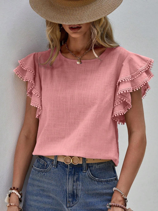 Damen Bluse mit Volantärmeln und Pompon-Spitzenbesatz Shop Nory