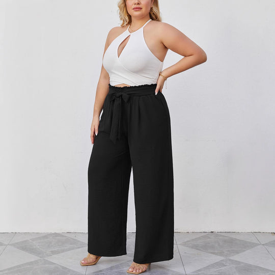 Damen Paperbag-Hose mit weitem Bein, Gummizug, Bindegürtel und Eingrifftaschen Shop Nory
