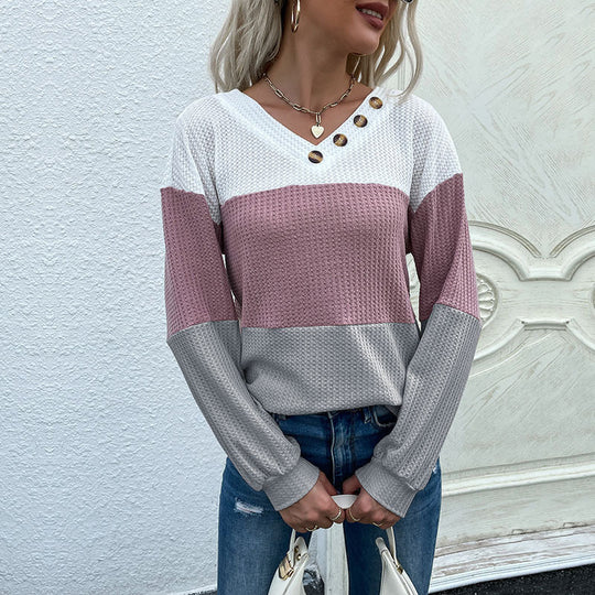 Damen Garnstruktur-Colorblock-Pullover mit V‑Ausschnitt und Zierknopfleiste Shop Nory