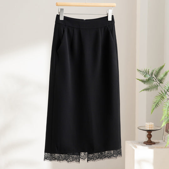 Damen Midirock aus Satin mit Spitzenbesatz und Seitentaschen Shop Nory