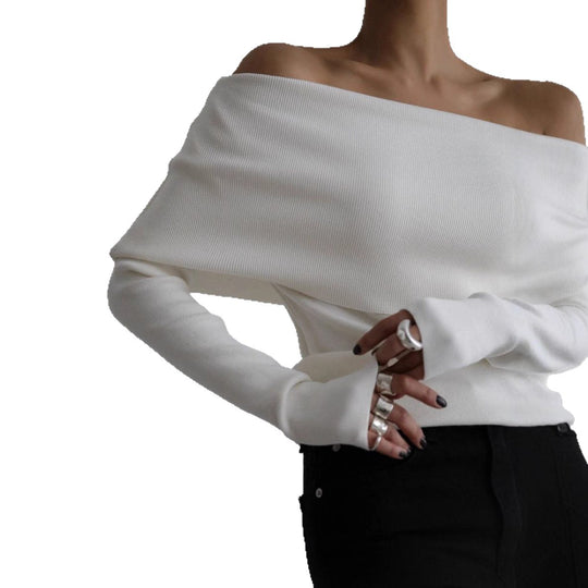 Damen schulterfreier Feinstrick-Pullover mit umlegbarem Carmenkragen Shop Nory