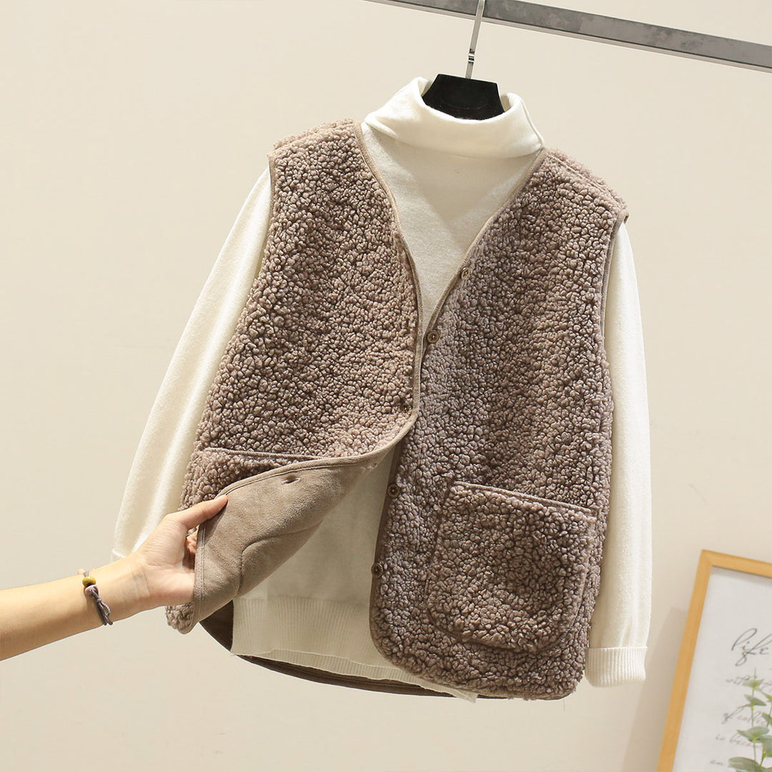 Damen Ärmellose Teddyweste mit Knopfleiste und aufgesetzten Taschen Shop Nory