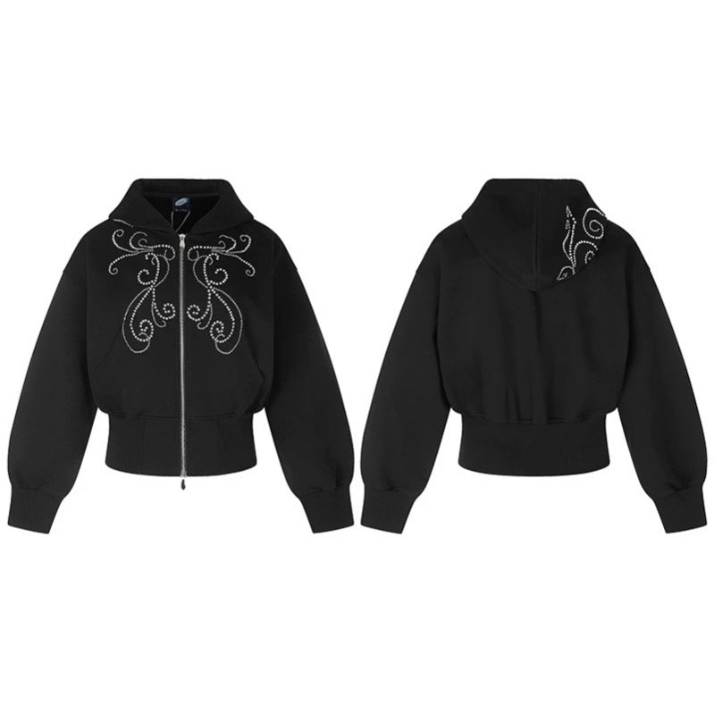 Damen Taillierte Kapuzen-Sweatjacke im Bomberstil mit Strass‑Ornament Shop Nory
