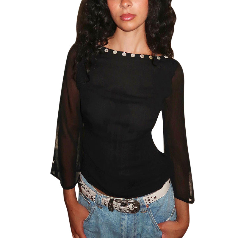 Damen Transparentes Chiffon-Cropped-Top mit Glockenärmeln und Zierperlen Shop Nory