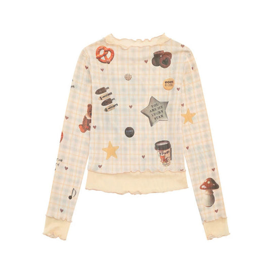 Damen Langarm Mesh-Top mit Teddy-Print und Lagenoptik Shop Nory