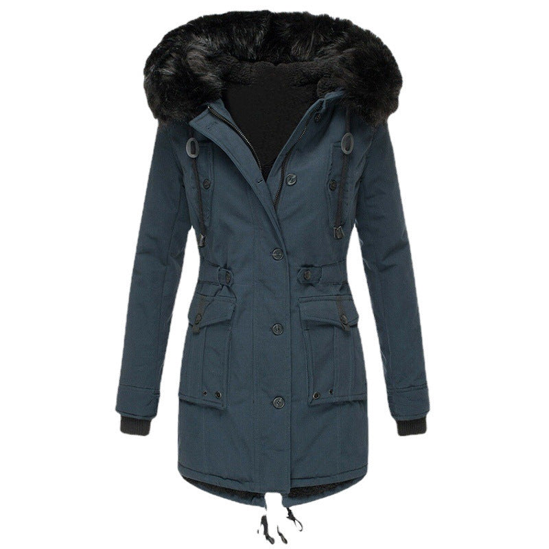 Damen Gefütterter Parka mit Kapuze und abnehmbarem Kunstpelzbesatz, taillierter Wintermantel Shop Nory