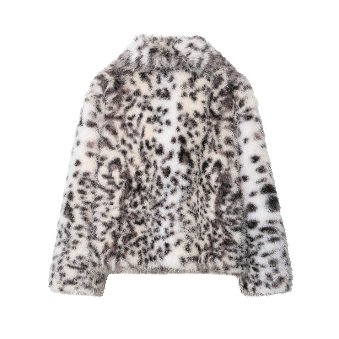 Damen Kurzer Kunstfellmantel mit Leopardenmuster und Schalkragen Shop Nory