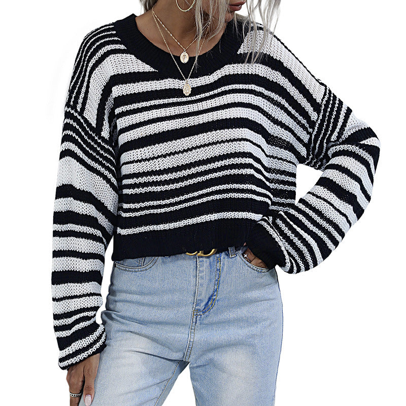 Damen Cropped-Strickpullover mit Off-Shoulder, lockerer Oversize-Passform & Streifenmuster Shop Nory