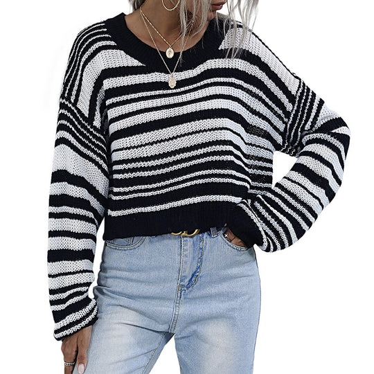 Damen Cropped-Strickpullover mit Off-Shoulder, lockerer Oversize-Passform & Streifenmuster Shop Nory