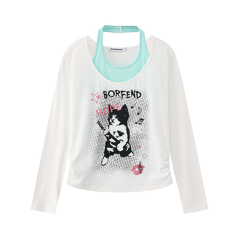 Damen Lagen-Langarmshirt mit Racerback-Innenlayer und Cartoon-Katzenprint Shop Nory