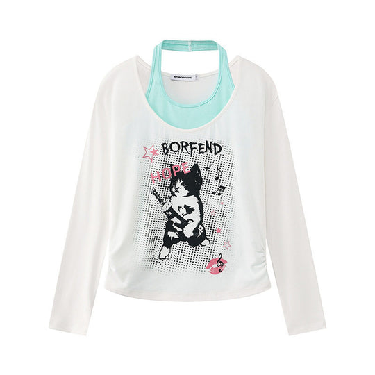 Damen Lagen-Langarmshirt mit Racerback-Innenlayer und Cartoon-Katzenprint Shop Nory