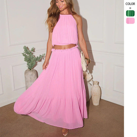 Damen Plissiertes Zweiteiliges Set mit Crop-Top und elegantem Maxiröck