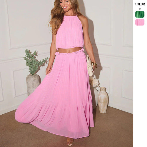 Damen Plissiertes Zweiteiliges Set mit Crop-Top und elegantem Maxiröck