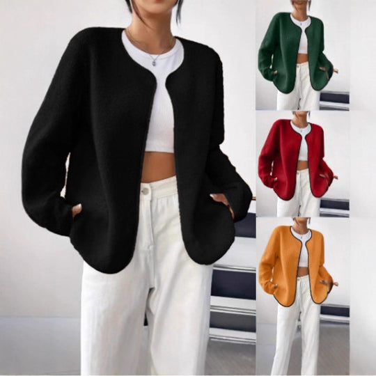 Damen Kurzjacke Teddy-Fleece Cardigan ohne Verschluss mit Rundhals Shop Nory