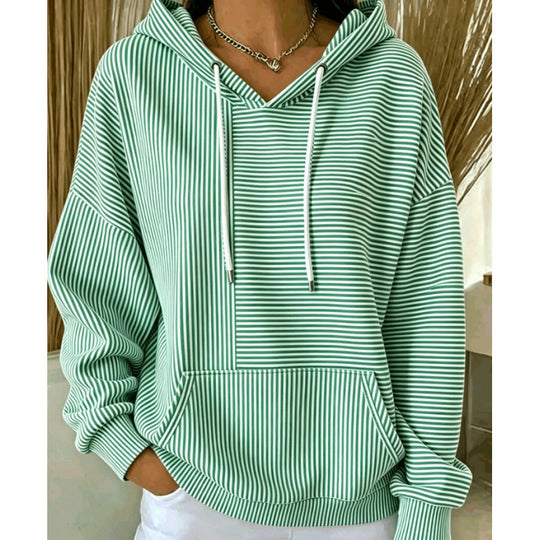 Damen Oversize Kapuzenpullover mit feinem Streifenprint, Kängurutasche und V-Ausschnitt-Kapuze Shop Nory