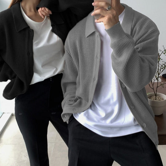 Unisex Grobgerippte Strickjacke mit Hemdkragen und durchgehender Knopfleiste Shop Nory