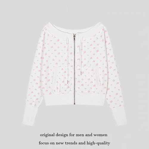 Damen Kurz geschnittene Kapuzenjacke im Waffelstrick mit weitem Carmen‑Ausschnitt und Blütenprint Shop Nory