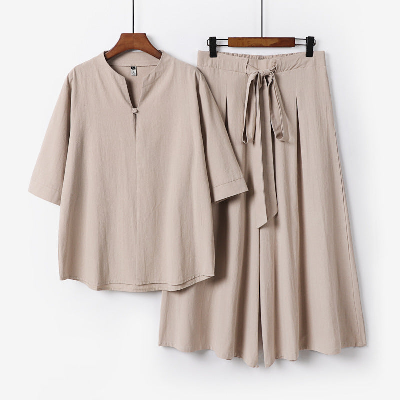 Damen Lässiges Leinen-Viskose Lounge-Set mit Stehkragen-Oberteil und weiten Palazzo-Hose Shop Nory